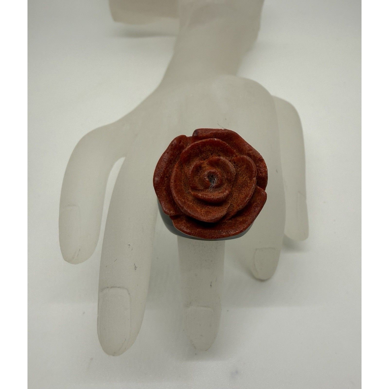 Rose Ring Sponge Coral Set On A Black Onyx Bulky Band Size 6.5 Floral Women
